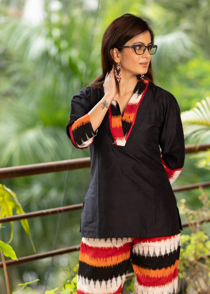 Exclusive black cotton top with a optional coordinated ikat pants look