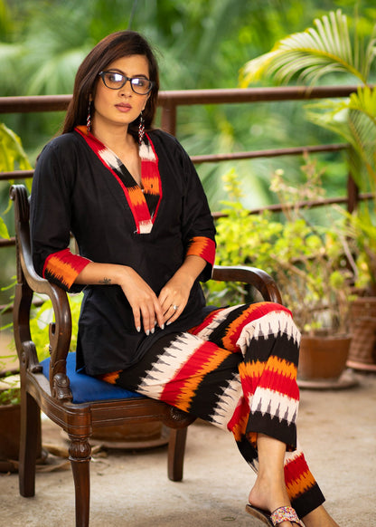 Exclusive black cotton top with a optional coordinated ikat pants look