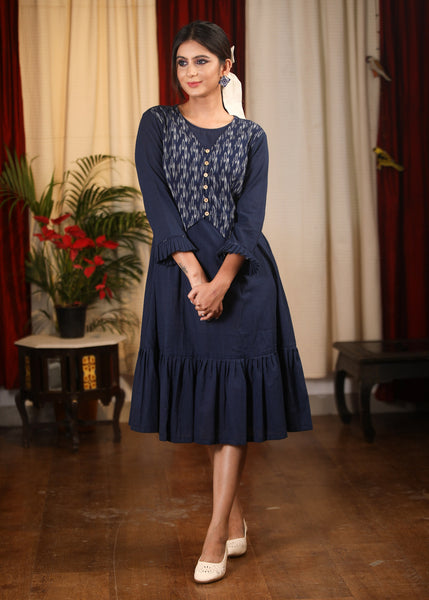 Navy blue cotton dress with Ikat jacket