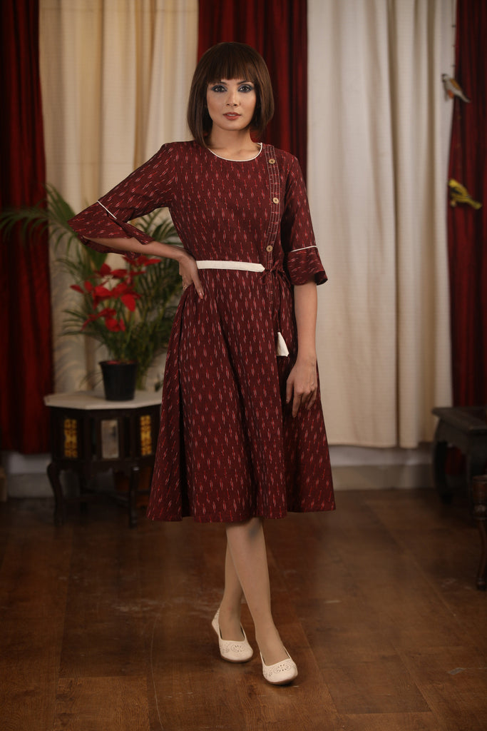 Exclusive maroon ikat designer one piece dress