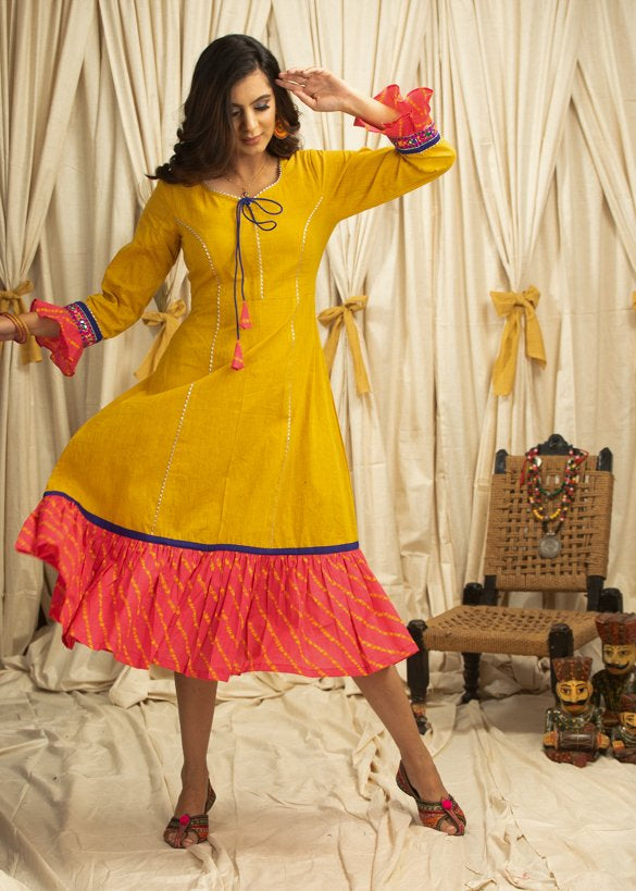 Mustard cotton dress with gota border & Bandhni print