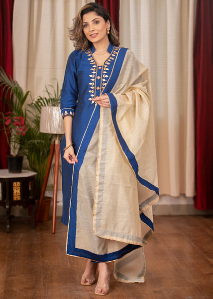 Straight Cut Blue Cotton Silk Kurta with Hand made Gotta Patti work , Pant & Chanderi Dupatta - 3 Piece