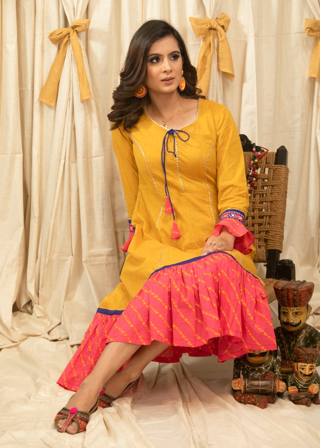 Mustard cotton dress with gota border & Bandhni print