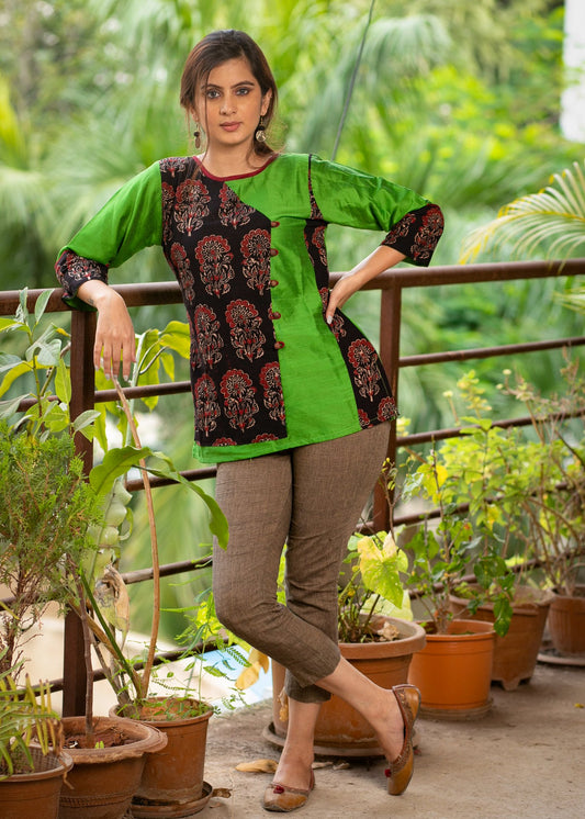 Green Ajrakh combination cotton silk top