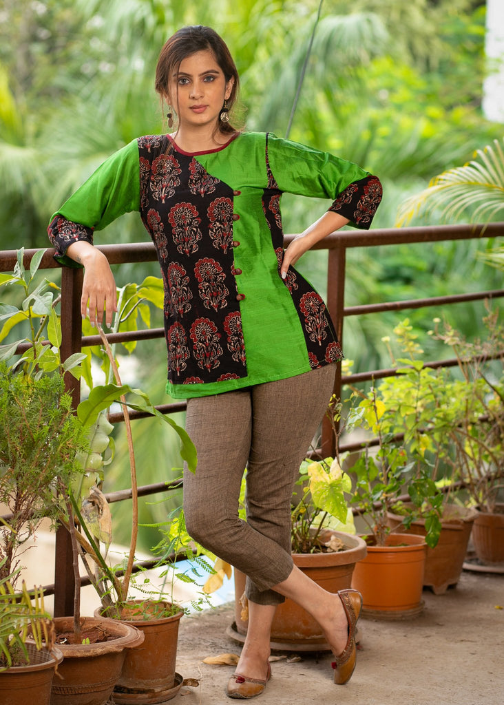 Green Ajrakh combination cotton silk top