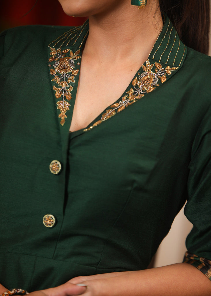 Exclusive forest green cotton silk silk with zardosi hand embroidered work on collar