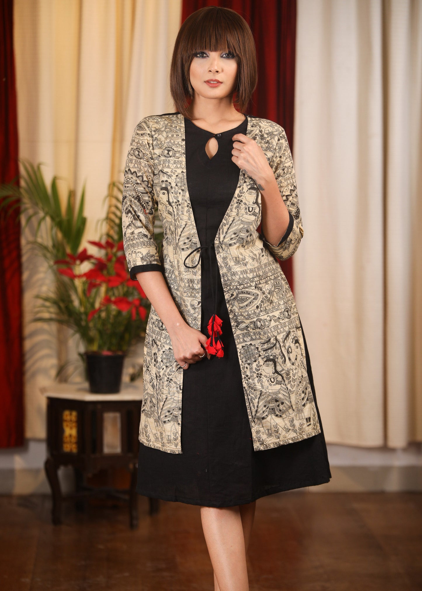 Exclusive black dress with madhubani attached jacket