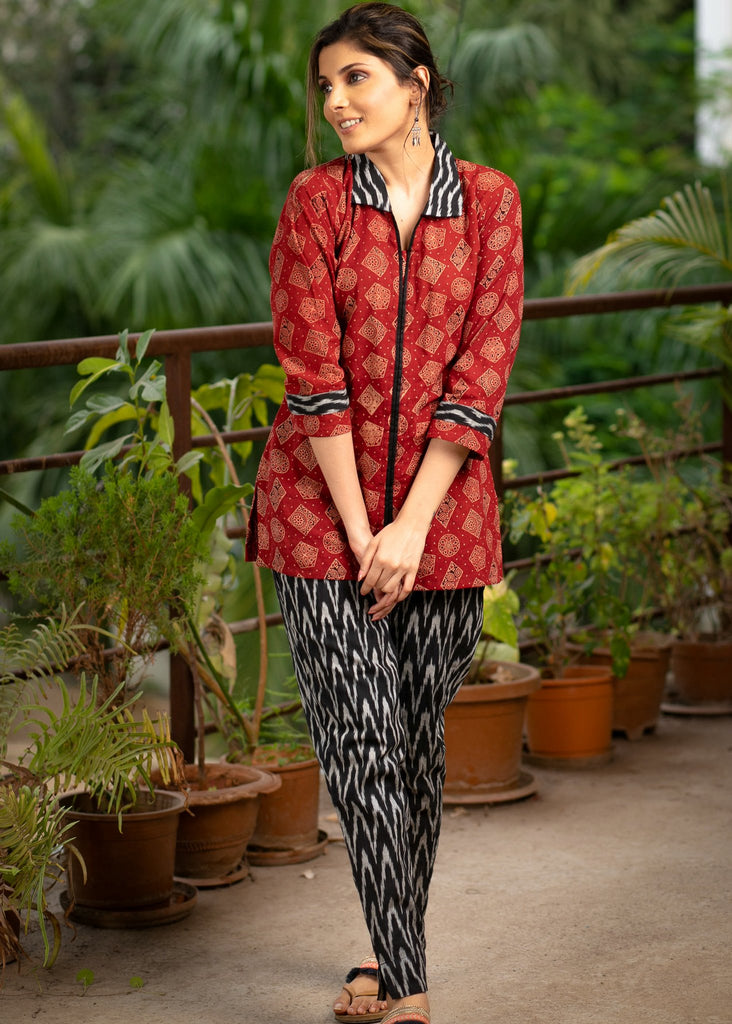 Exclusive maroon Ajrakh printed top with optional ikat pants