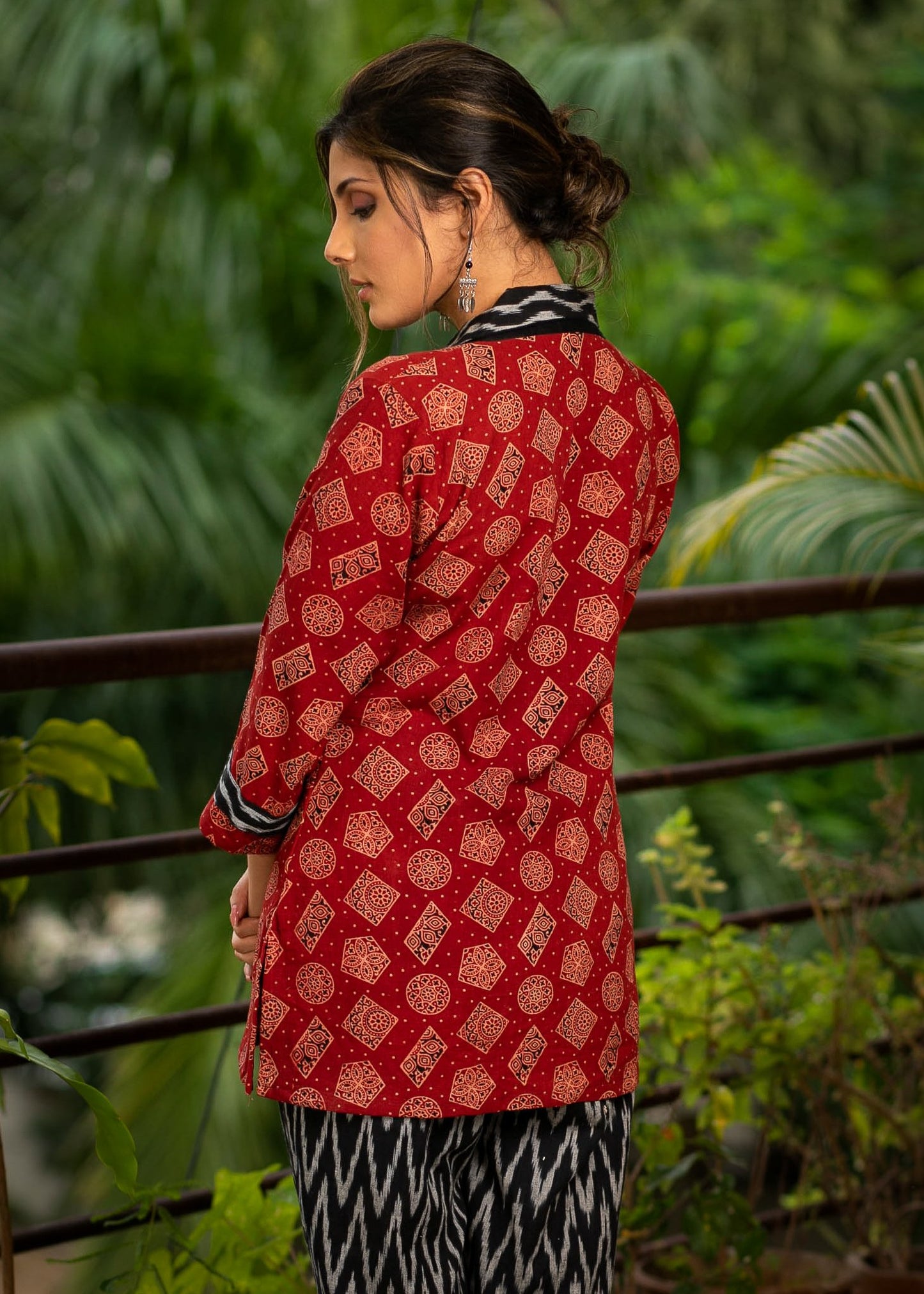Exclusive maroon Ajrakh printed top with optional ikat pants