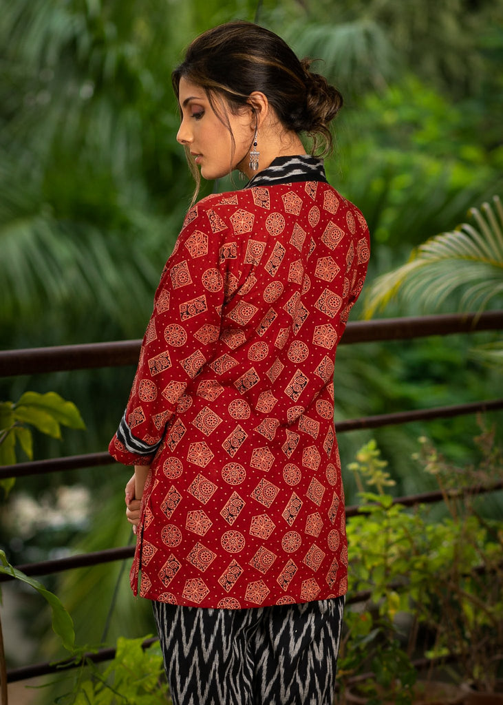 Exclusive maroon Ajrakh printed top with optional ikat pants – Sujatra