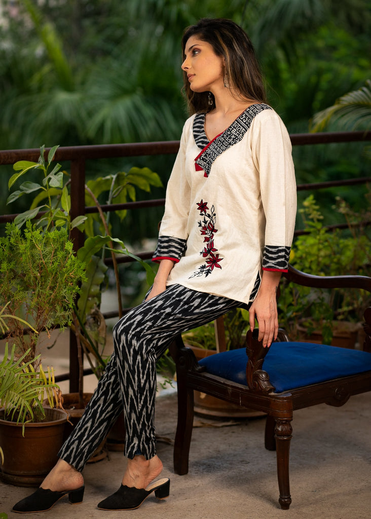 Exclusive embroidered cotton top with optional Ikat coordinated pants