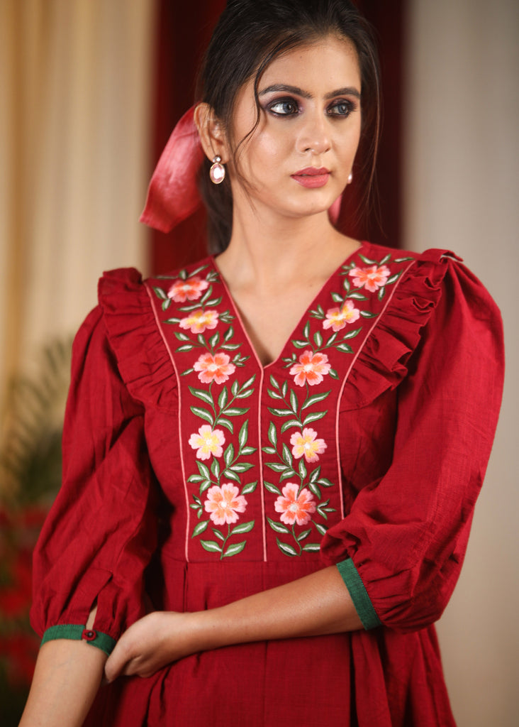Exclusive maroon slub cotton dress with embroidered yoke