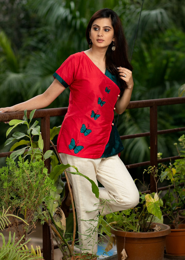 Exclusive embroidered khun & red cotton combination top