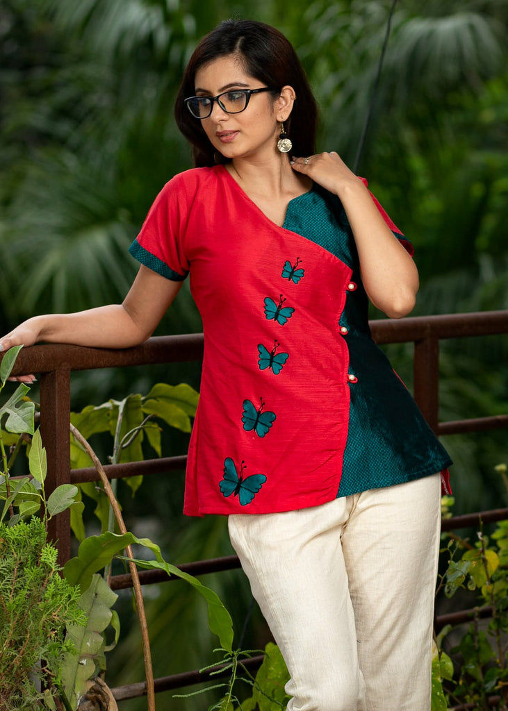 Exclusive embroidered khun & red cotton combination top