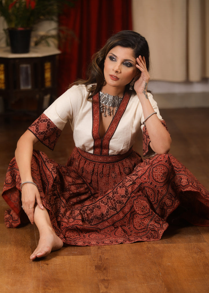 Exclusive Ajrakh designer one piece occasion wear dress
