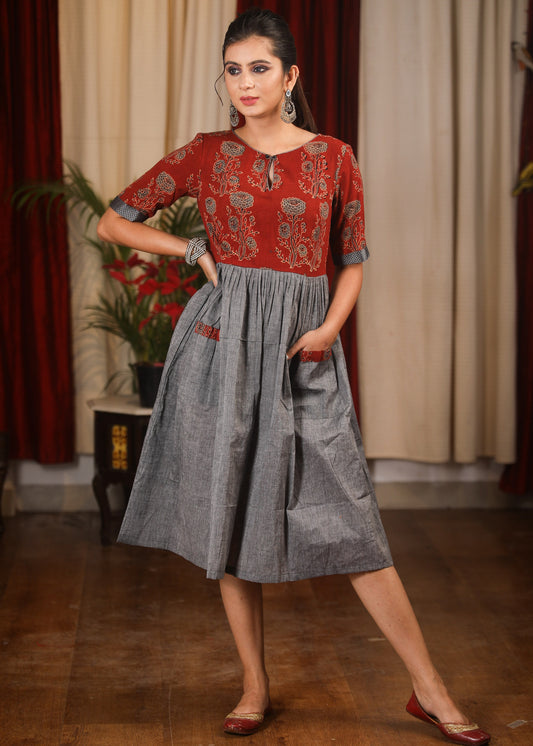 Grey & maroon Ajrakh block printed combination one piece dress