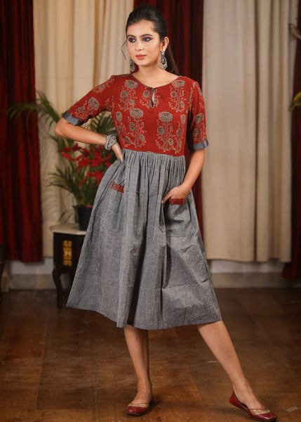 Grey & maroon Ajrakh block printed combination one piece dress