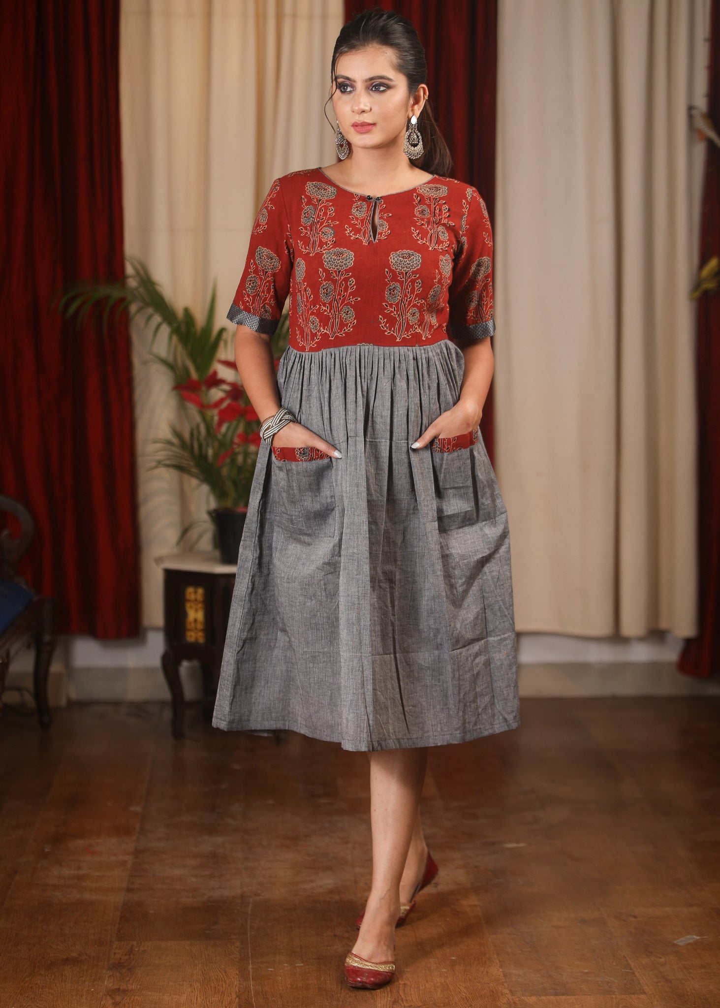 Grey & maroon Ajrakh block printed combination one piece dress – Sujatra