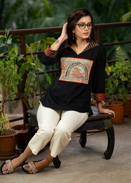 Black cotton top with hand painted Madhubani work