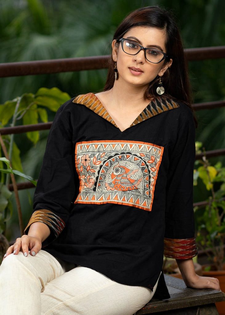Black cotton top with hand painted Madhubani work