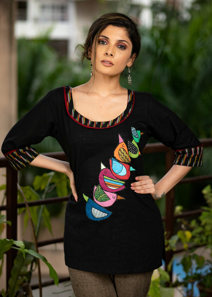 Black cotton top with exclusive hand painted motifs