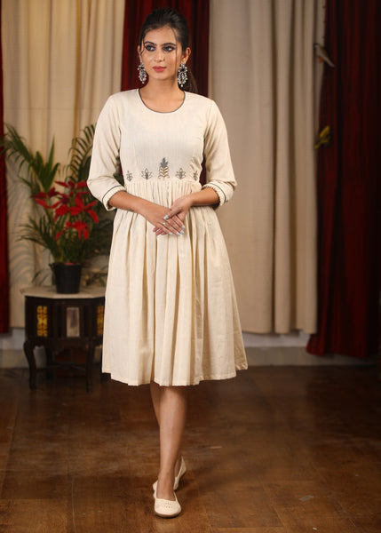 Off white flex cotton dress with hand embroidered zardosi work