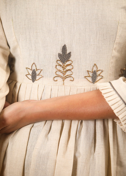 Off white flex cotton dress with hand embroidered zardosi work