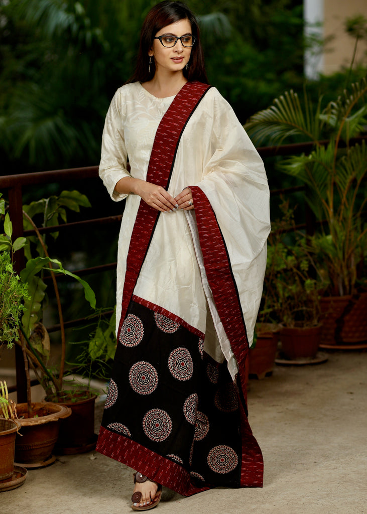 Graceful Offwhite Chanderi Dupatta with Ajrakh and Ikat Combination