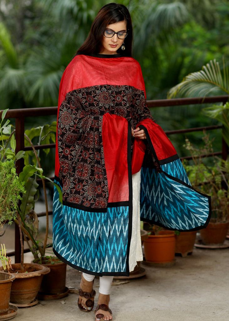Red Chanderi Dupatta with Firozi colour Ikat and Ajrakh Combination