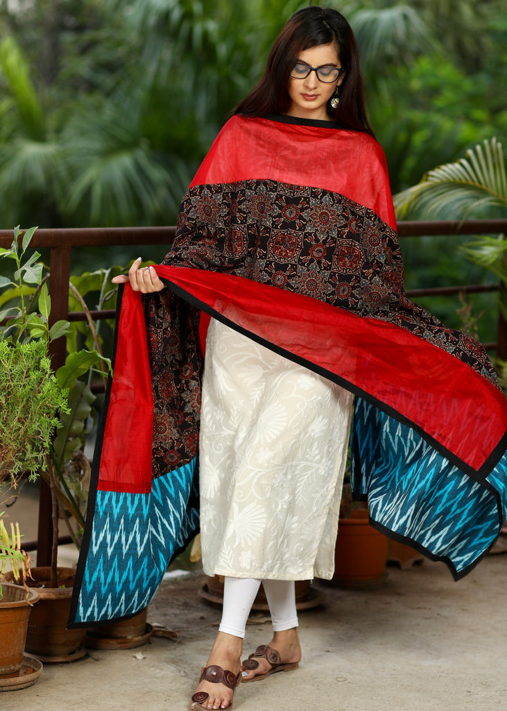 Red Chanderi Dupatta with Firozi colour Ikat and Ajrakh Combination
