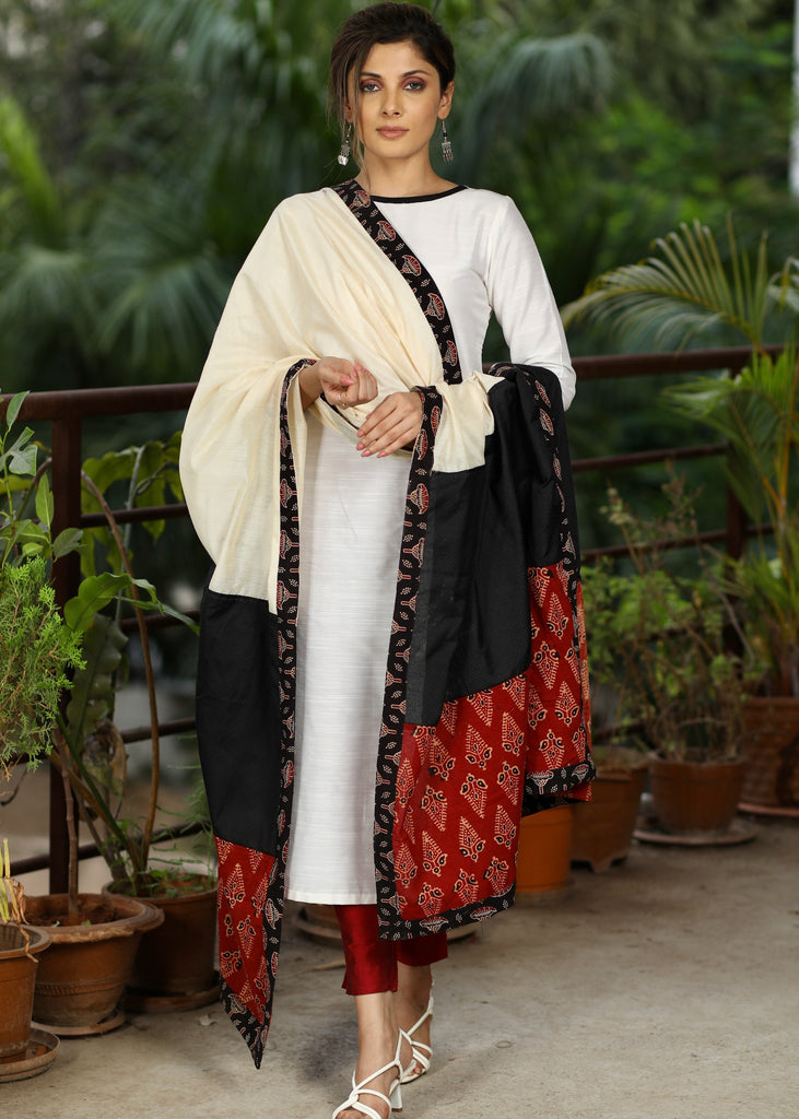 Offwhite and Black Combination Chanderi Dupatta with Ajrakh Combination