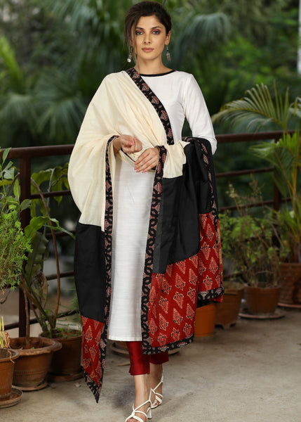 Offwhite and Black Combination Chanderi Dupatta with Ajrakh Combination