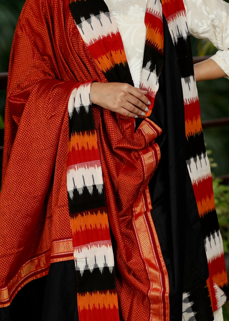 Rust Colour Khun (Maharashtrian Weave) Dupatta with Bright Ikat Combination