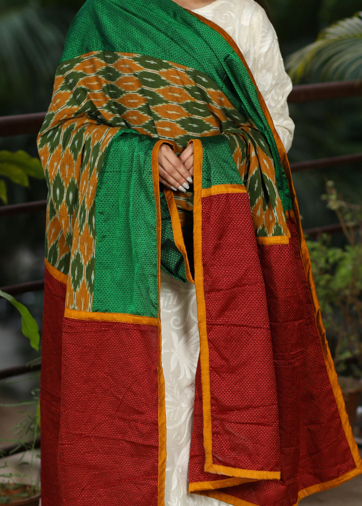 Green and Maroon Khun (Maharashtrian Weave) Dupatta with Green Ikat