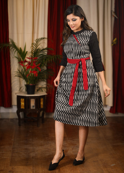 Exclusive black ikat dress with contrast belt