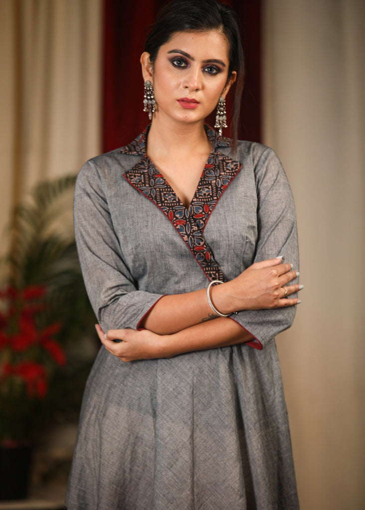 Grey & maroon combination handloom cotton dress with Ajrakh collars