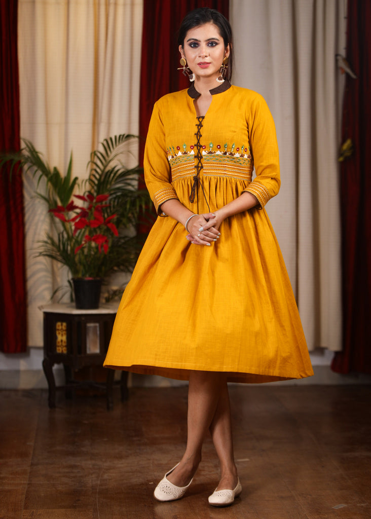 Mustard cotton dress with exclusive embroidery