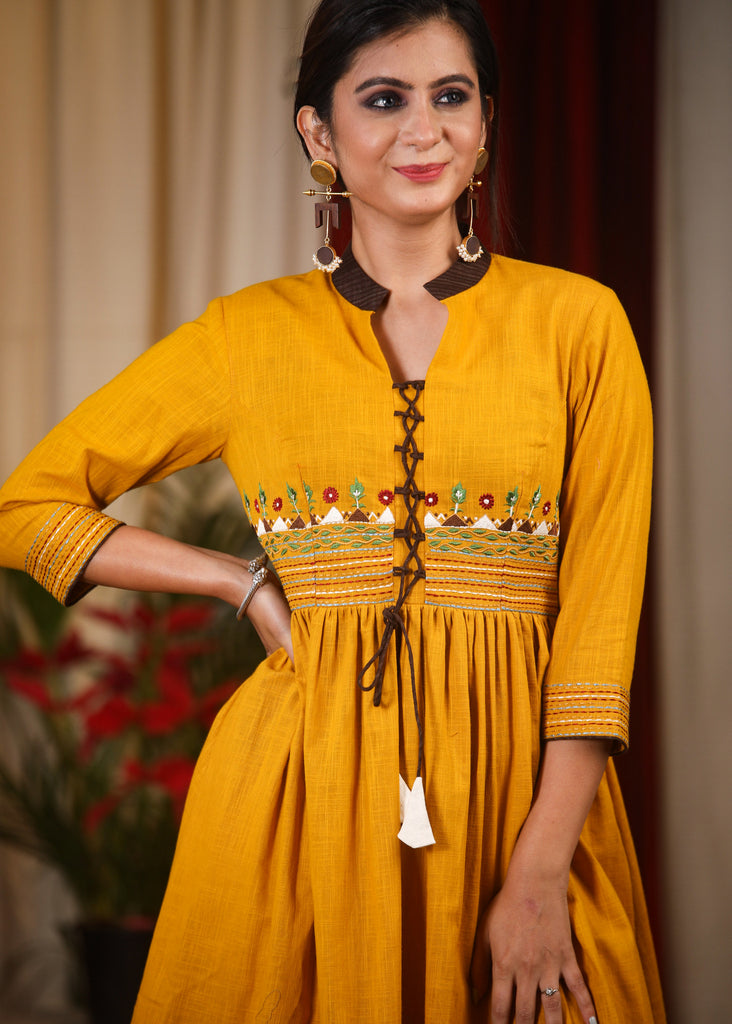 Mustard cotton dress with exclusive embroidery