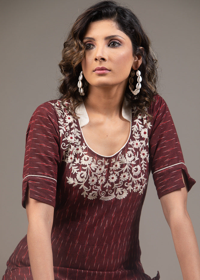 Maroon Ikat off white thread embroidered designer sleeve top
