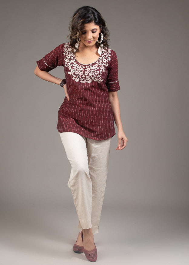 Maroon Ikat off white thread embroidered designer sleeve top