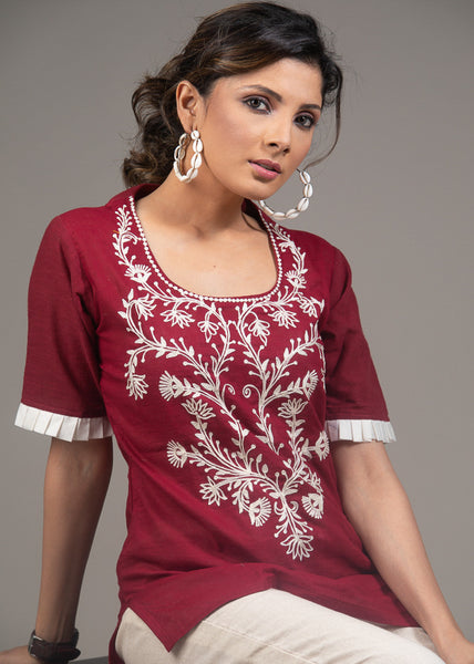 Exclusive embroidered maroon cotton top