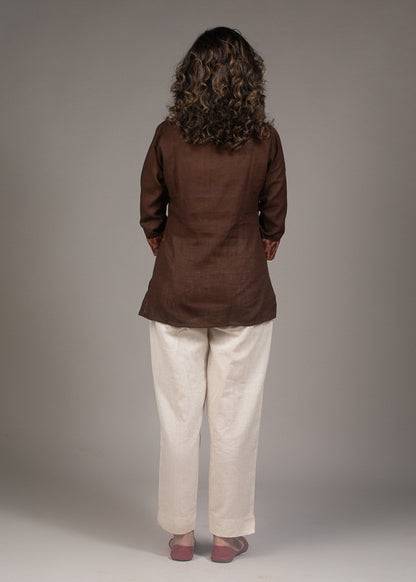 Brown cotton slub embroidered top