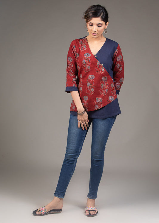 Red floral Ajrakh block print cotton overlap top with hand crafted button