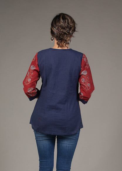 Red floral Ajrakh block print cotton overlap top with hand crafted button