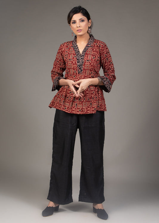 Maroon exclusive Ajrakh printed pleated gathered sleeves top