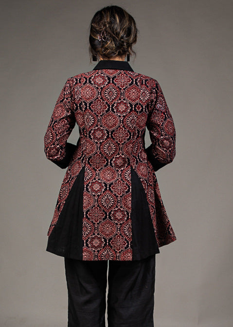 Maroon black all over Ajrakh printed high low inserted black pleated top