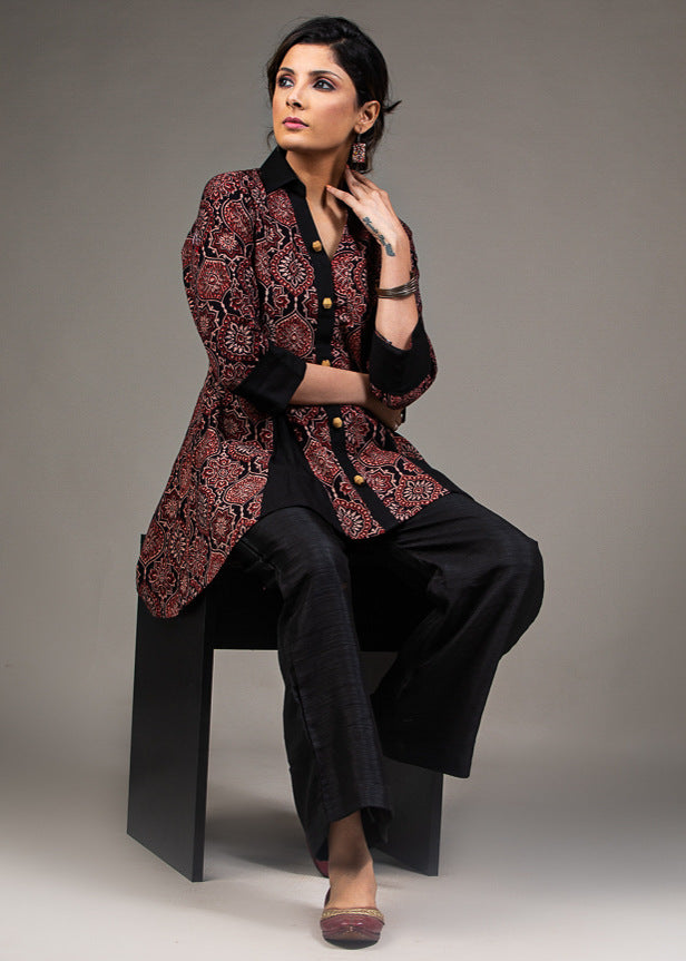 Dussehra Sale — Maroon black all over Ajrakh printed high low inserted black pleated top - Pant Optional