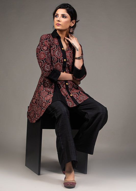 Maroon black all over Ajrakh printed high low inserted black pleated top