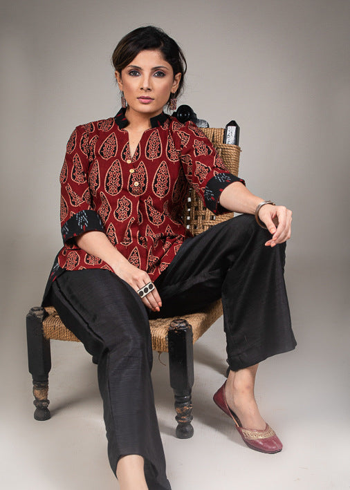 Maroon black Chinese collar roll up Ikat sleeve top - Pant Optional