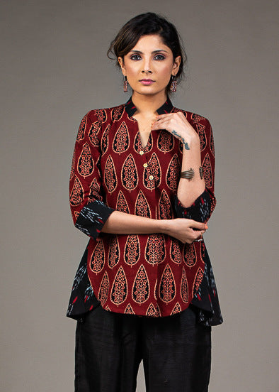 Maroon black Chinese collar roll up Ikat sleeve top